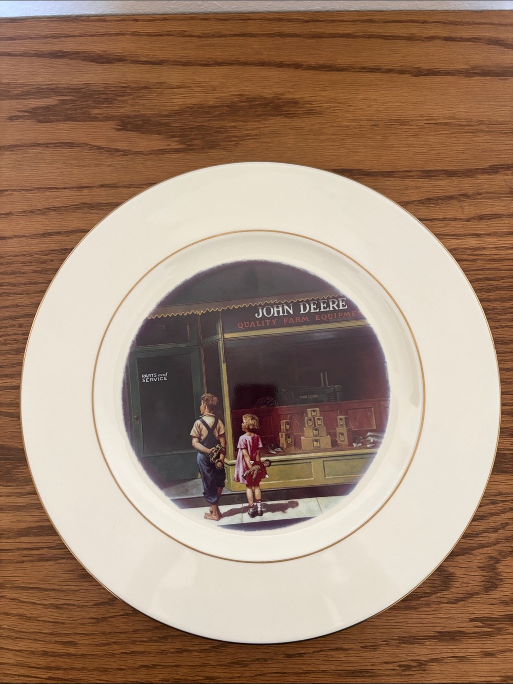 John Deere Cream Plate with Gold Trim and Vintage Farm Scene